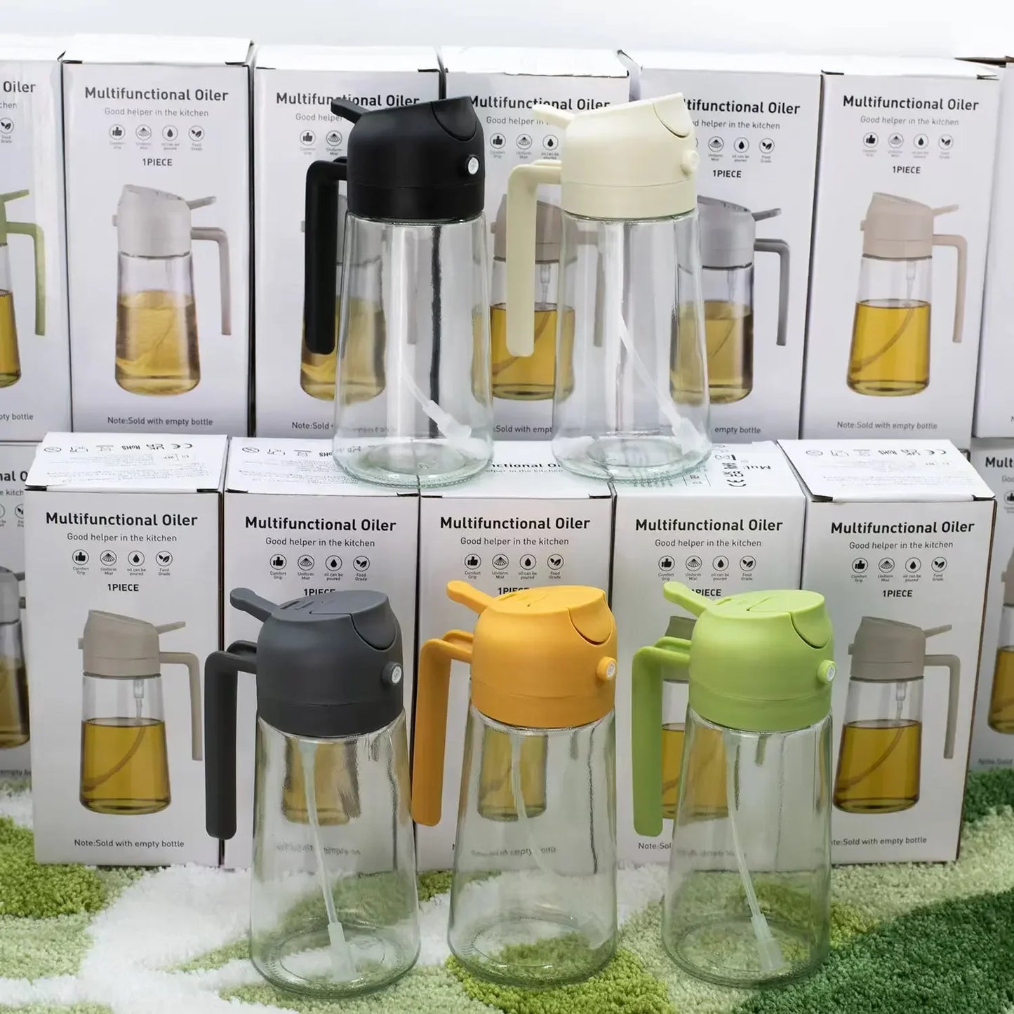 3PCS 2in1 470ml Glass Spray Oil Sprayer Bottle Spray Oil Dispenser Oil Jar Cruet BBQ Kitchen Baking Roasting Picnic Kitchen Tool