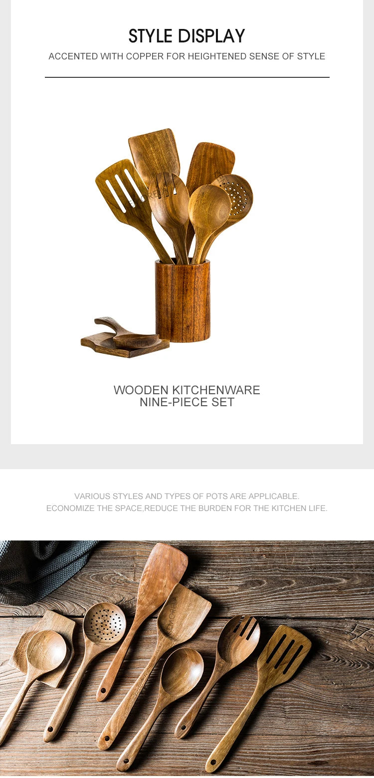 9PCS Wooden Spoons For Cooking, Wooden Utensils For Cooking With Utensils Holder, Teak Wooden Kitchen Utensils Set