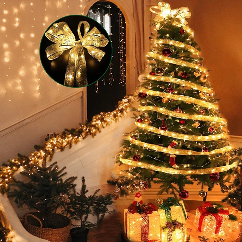Christmas Ribbon Fairy Light Christmas Decoration DIY Bows String Light Tree Ornaments For Home 2025 Xmas Decor New Year Navidad