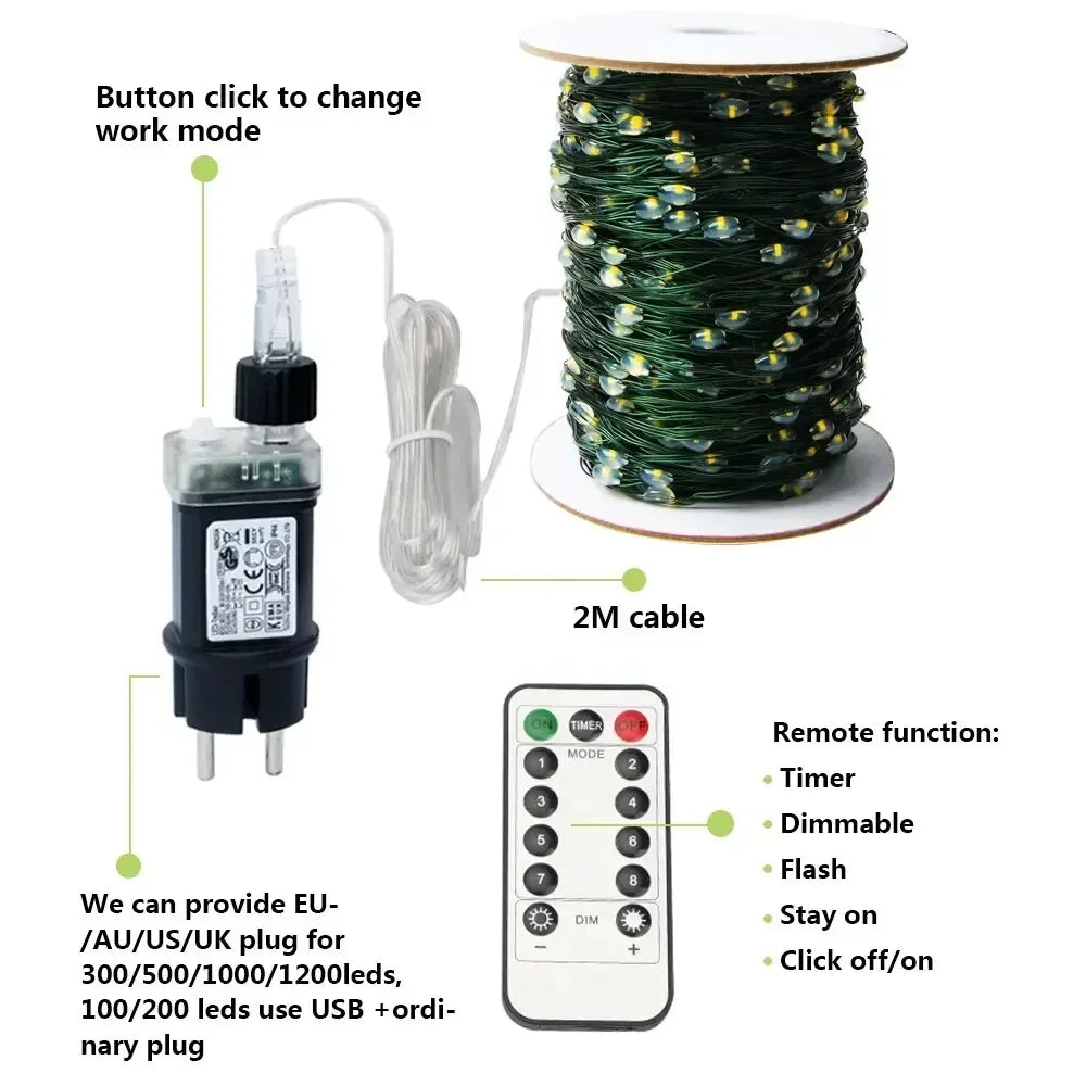 1000 LED Green Wire Led String Fairy Lights US/EU Plug 110V/220V Waterproof LED Christmas Tree Holiday Home Garden Decor Xmas