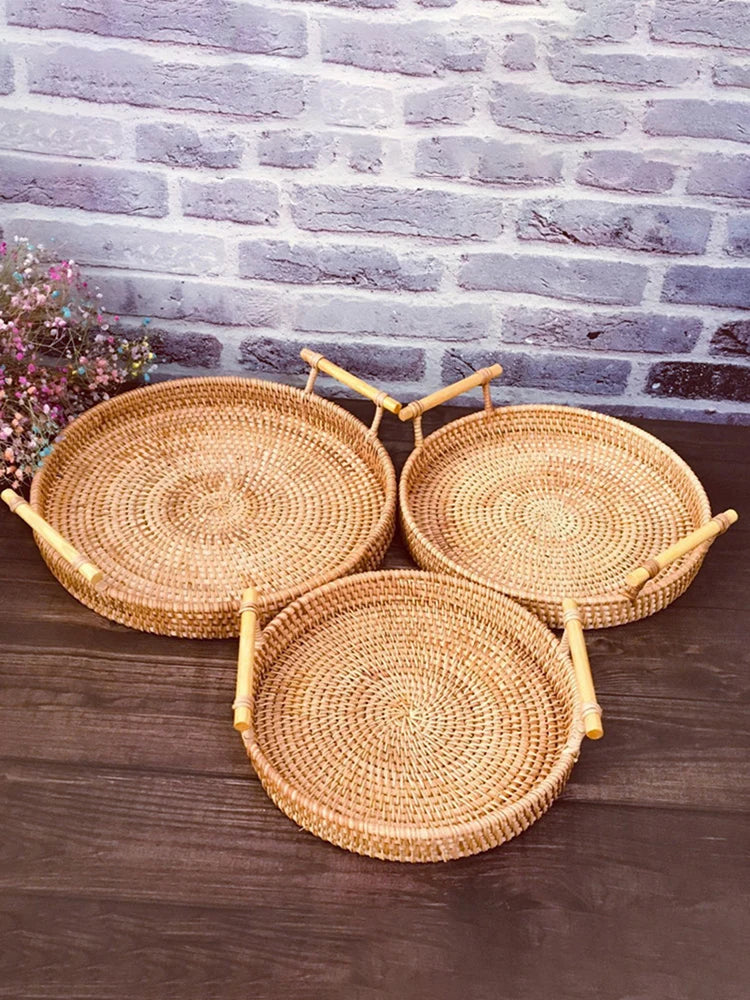 Woven Rattan Storage Basket with Strap Handle round Tray for Bread Snacks Fruits Picnic - Home Organization Basket