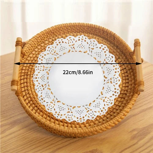 Woven Rattan Storage Basket with Strap Handle round Tray for Bread Snacks Fruits Picnic - Home Organization Basket