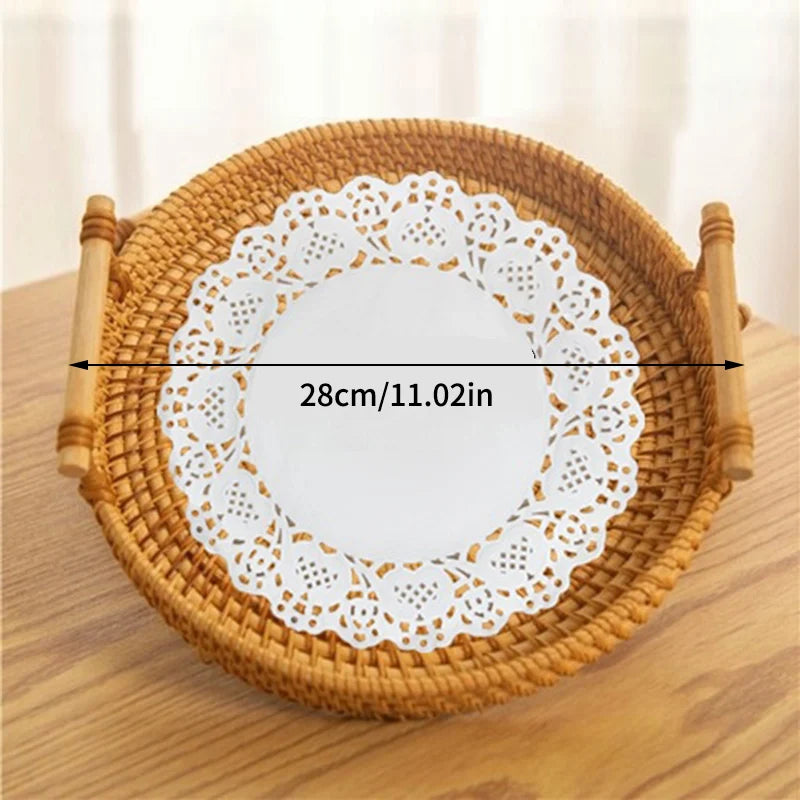 Woven Rattan Storage Basket with Strap Handle round Tray for Bread Snacks Fruits Picnic - Home Organization Basket