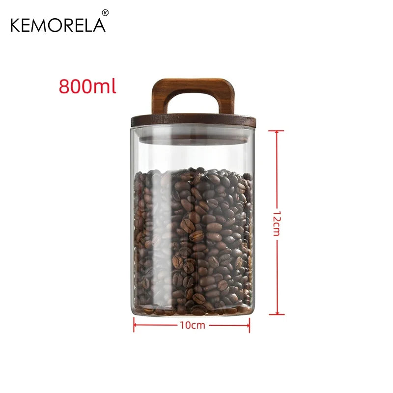 Wood Lid Glass jar Airtight Canister Food Container Tea Coffee Beans Kitchen Storage Bottles Jar Sealed Grounds Candy Jar