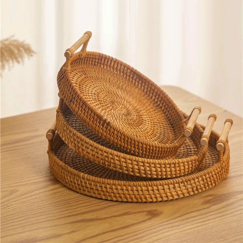 Woven Rattan Storage Basket with Strap Handle round Tray for Bread Snacks Fruits Picnic - Home Organization Basket