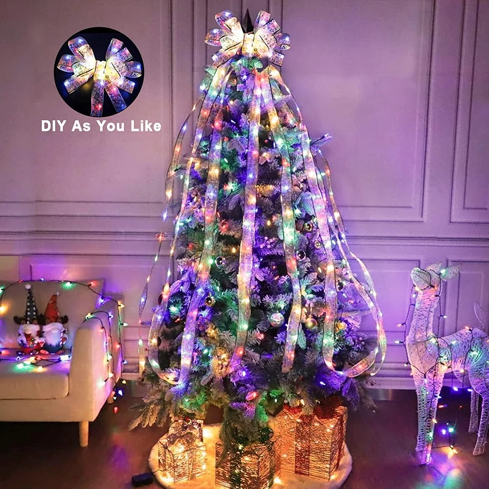 Christmas Ribbon Fairy Light Christmas Decoration DIY Bows String Light Tree Ornaments For Home 2025 Xmas Decor New Year Navidad