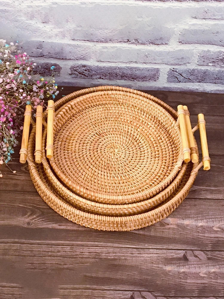 Woven Rattan Storage Basket with Strap Handle round Tray for Bread Snacks Fruits Picnic - Home Organization Basket