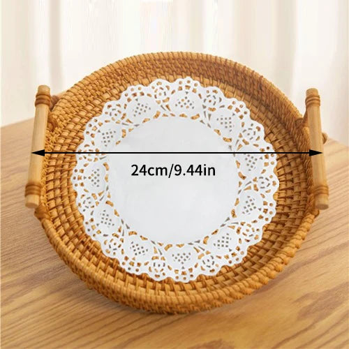 Woven Rattan Storage Basket with Strap Handle round Tray for Bread Snacks Fruits Picnic - Home Organization Basket
