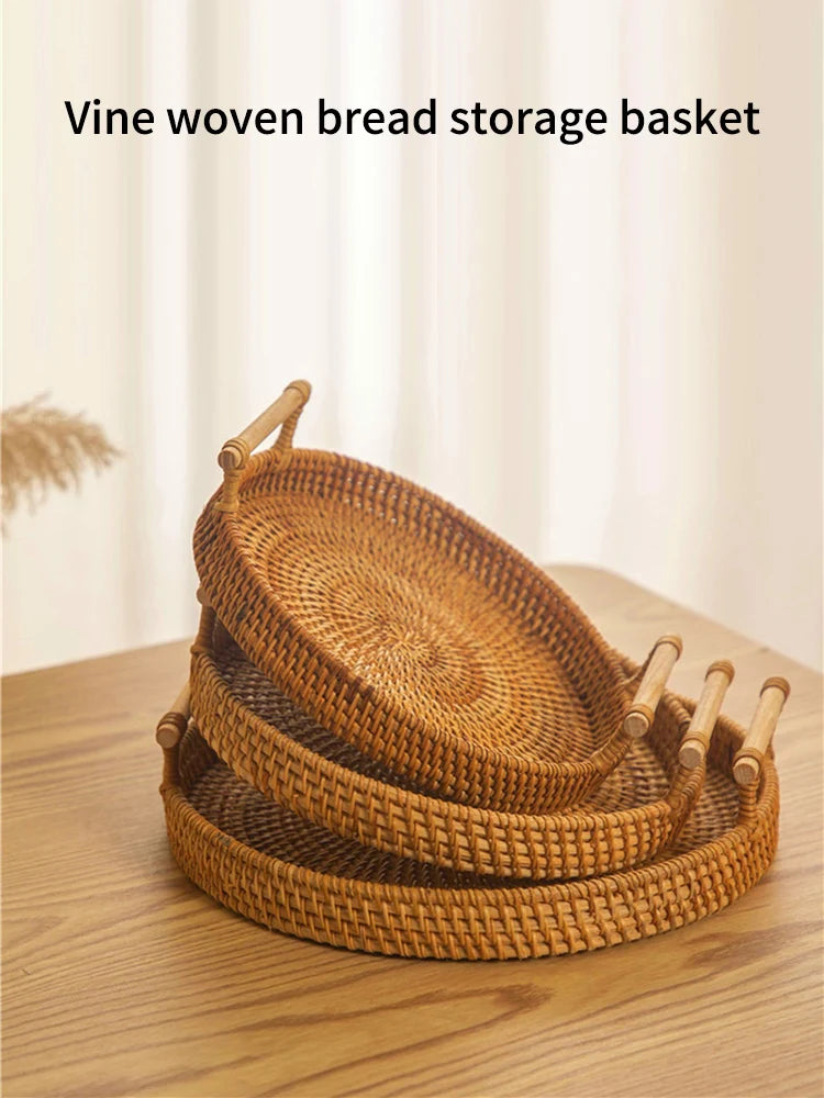 Woven Rattan Storage Basket with Strap Handle round Tray for Bread Snacks Fruits Picnic - Home Organization Basket