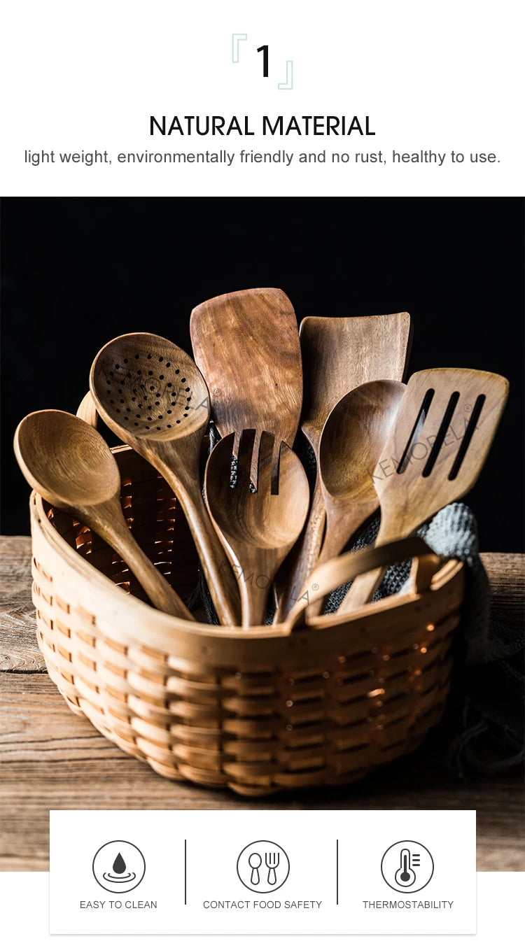 9PCS Wooden Spoons For Cooking, Wooden Utensils For Cooking With Utensils Holder, Teak Wooden Kitchen Utensils Set