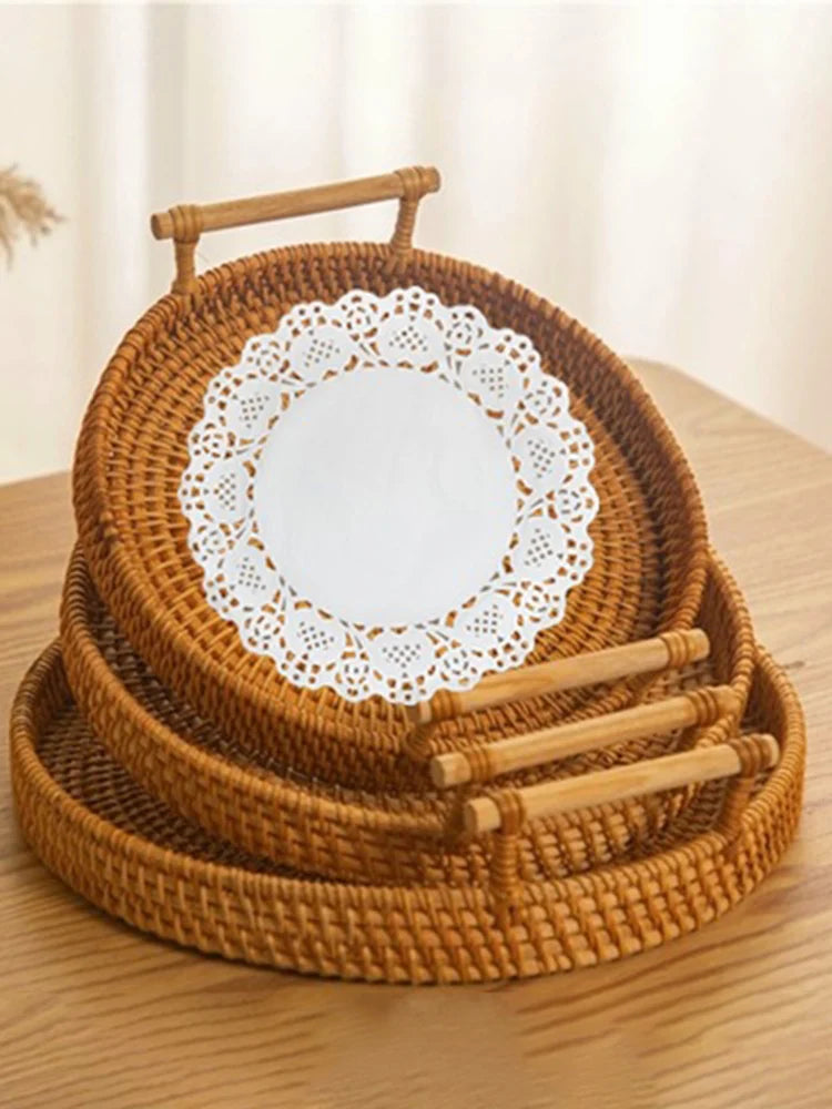 Woven Rattan Storage Basket with Strap Handle round Tray for Bread Snacks Fruits Picnic - Home Organization Basket