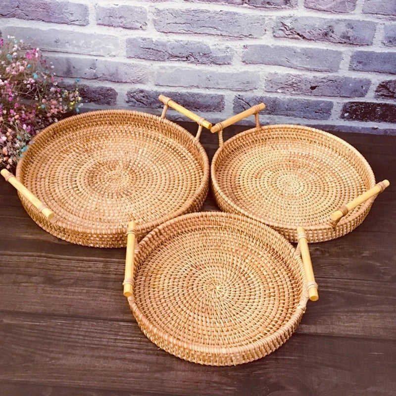 Woven Rattan Storage Basket with Strap Handle round Tray for Bread Snacks Fruits Picnic - Home Organization Basket