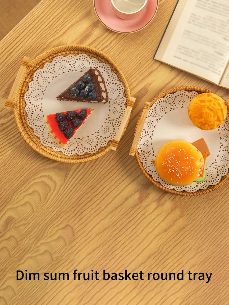 Woven Rattan Storage Basket with Strap Handle round Tray for Bread Snacks Fruits Picnic - Home Organization Basket