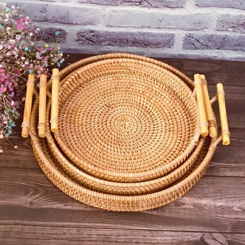 Woven Rattan Storage Basket with Strap Handle round Tray for Bread Snacks Fruits Picnic - Home Organization Basket