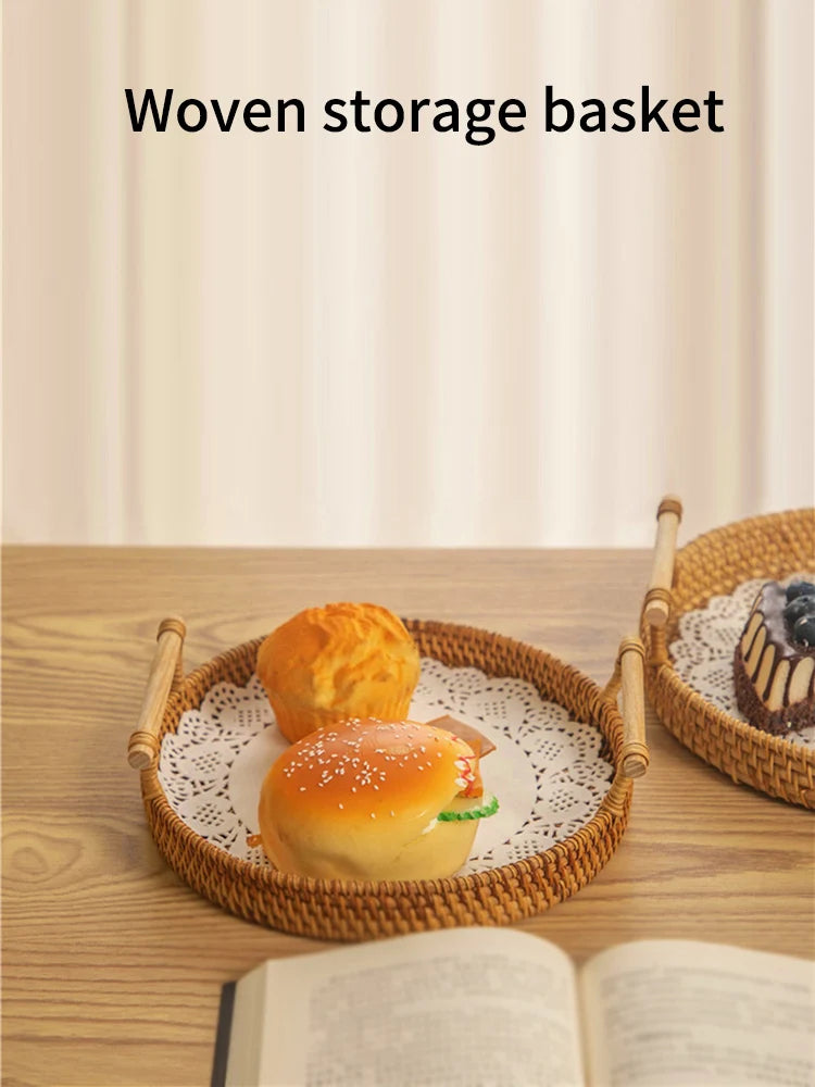 Woven Rattan Storage Basket with Strap Handle round Tray for Bread Snacks Fruits Picnic - Home Organization Basket