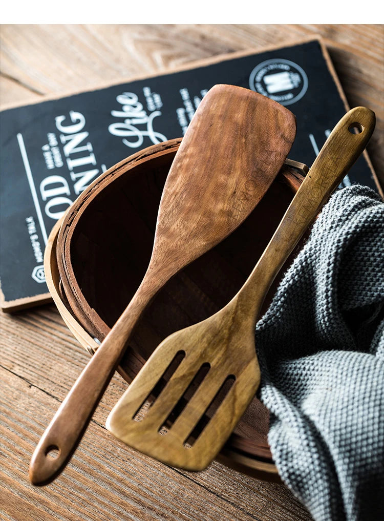 9PCS Wooden Spoons For Cooking, Wooden Utensils For Cooking With Utensils Holder, Teak Wooden Kitchen Utensils Set