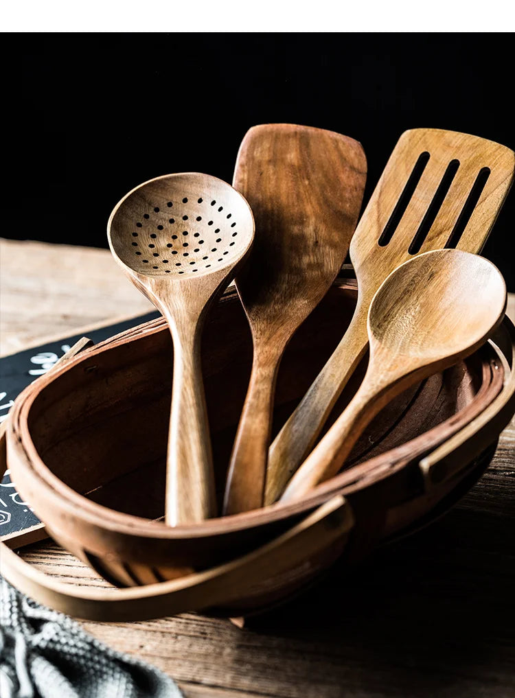 9PCS Wooden Spoons For Cooking, Wooden Utensils For Cooking With Utensils Holder, Teak Wooden Kitchen Utensils Set